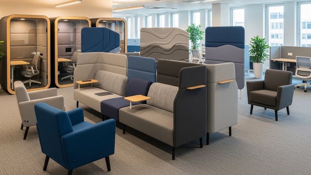 Kokie akustiniai baldai labiausiai tinka atviro tipo biurams?