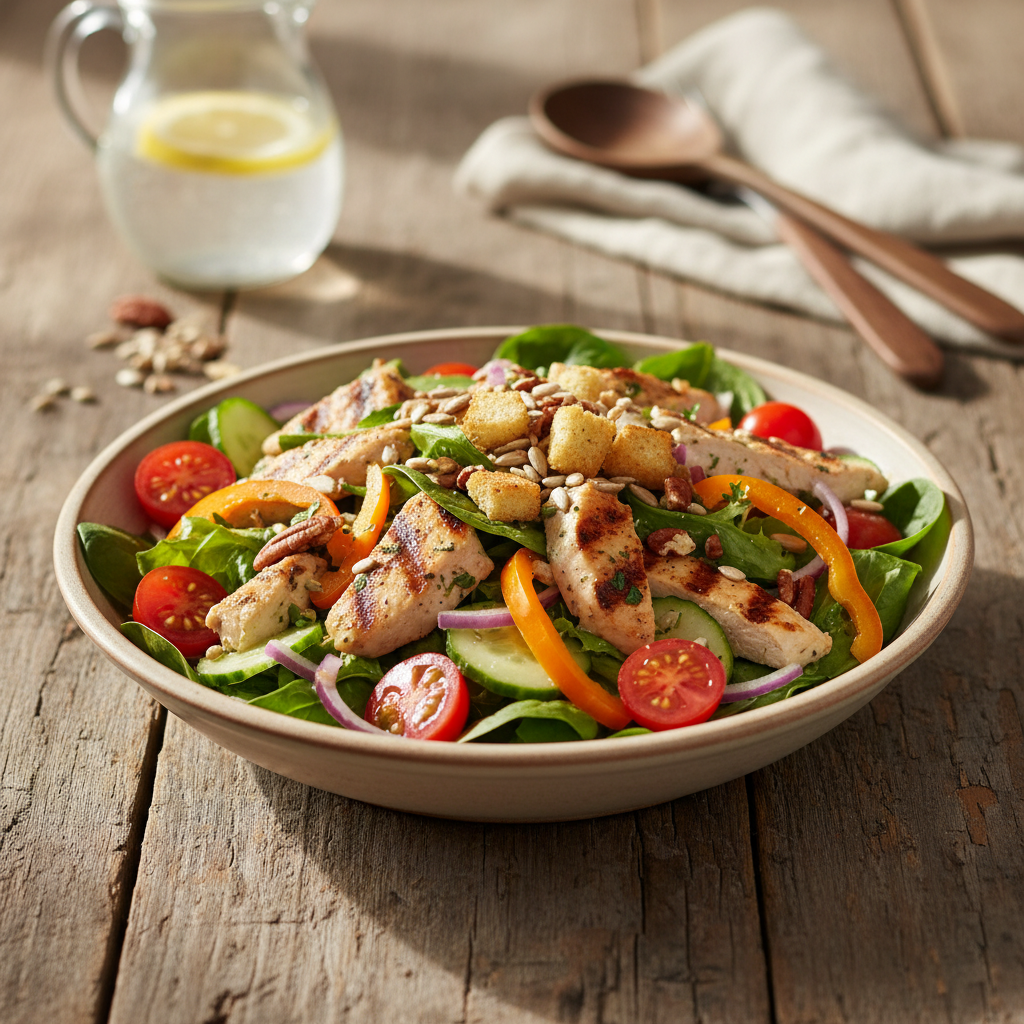 Idėja greitiems pietums: sočios salotos su vištiena