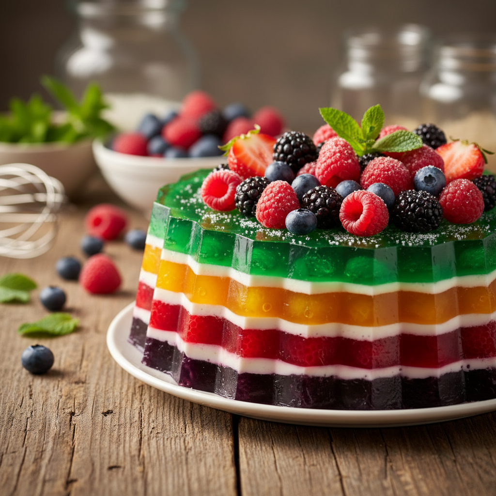 Sluoksniuotas želė tortas su vaisiais: gaivus desertas