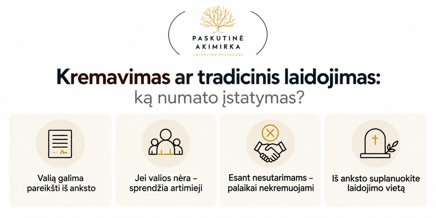 Kremavimas ar tradicinis laidojimas: keturi įstatyme numatyti pasirinkimo principai