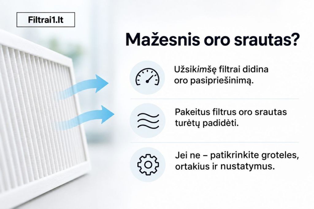 Mažesnis oro srautas dėl užsikimšusių rekuperatoriaus filtrų